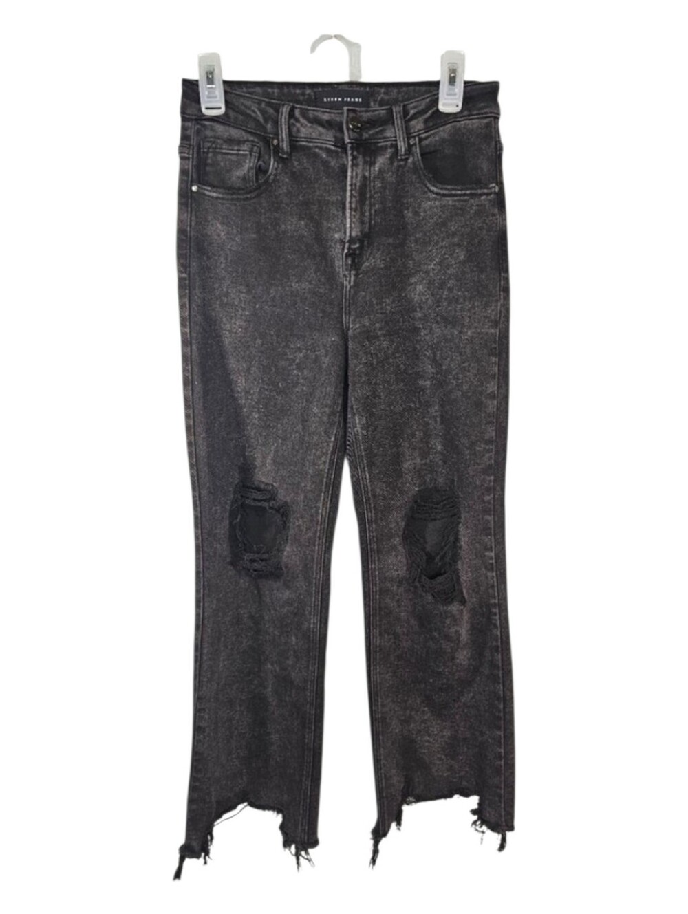 Risen Jeans Black High Rise Straight Leg Distressed Chewed Hem Jeans Size 7/28